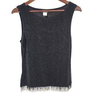 MSK USA Sleeveless Black Sparkle Stretch Knit Top with Beaded Fringe at Hem M